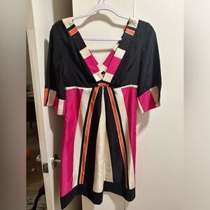Shoshanna silk v neck aline mini dress size 2 XS S pink orange black striped